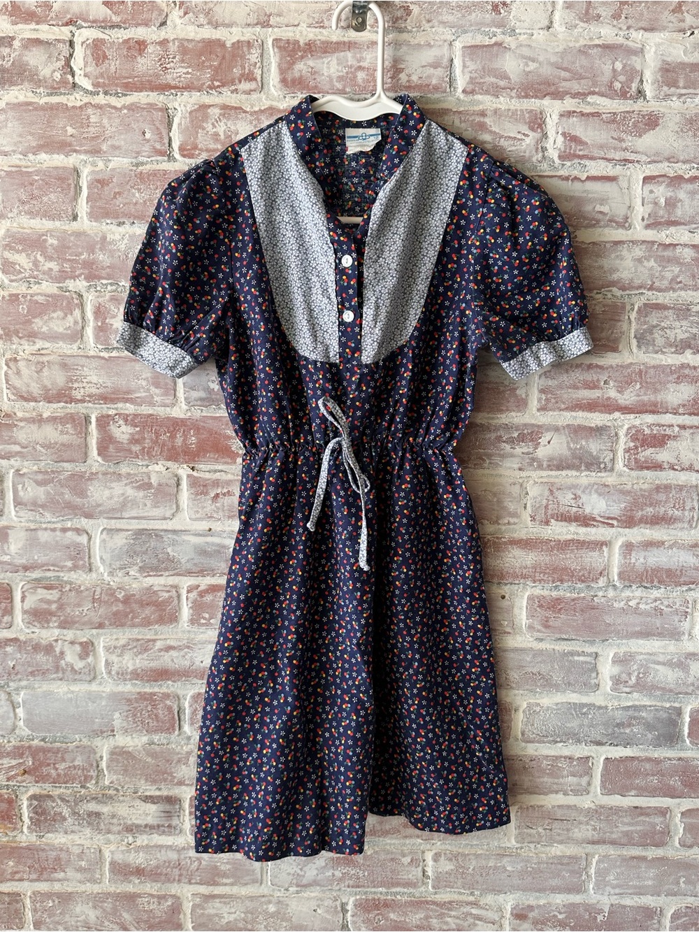 Vintage Sears Roebuck and Co Navy Floral Short-Sleeve Tie-Waist Dress for Girls
